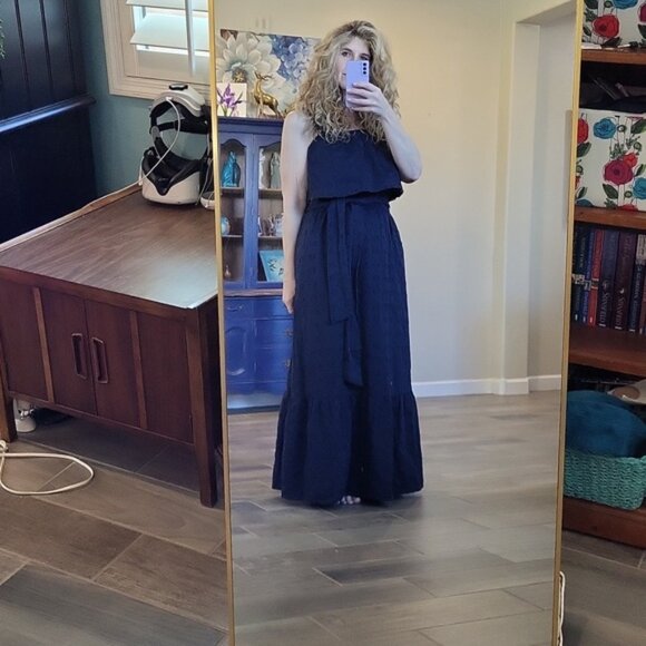 1901 Womens Navy Texture Clip Dot Tie Waist Maxi Sundress Raised Circle Size M - Picture 4 of 15